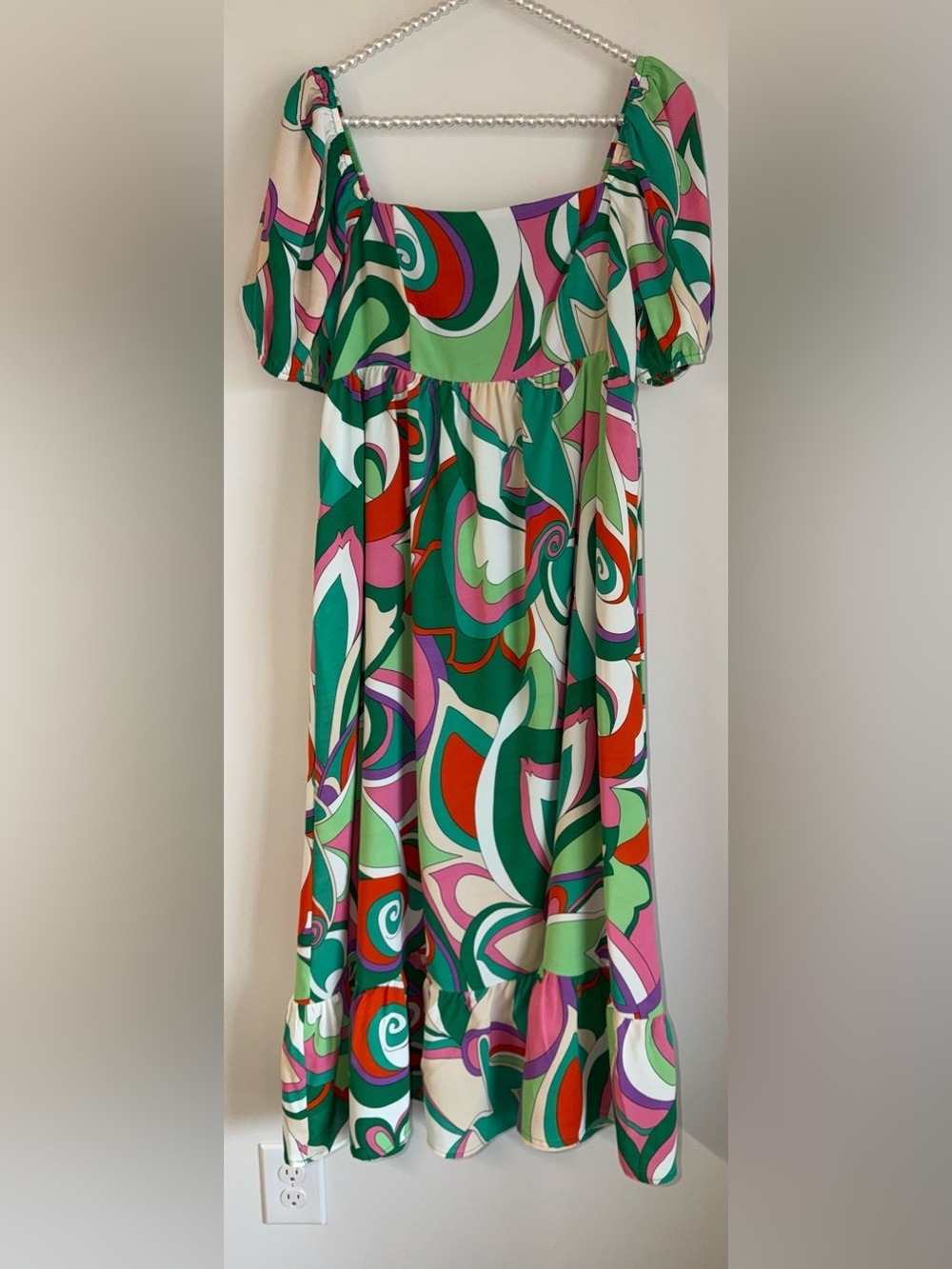 TCEC Retro Groovy Swirl Print Maxi Dress Size‎ M Puff Sleeve Smocked Back